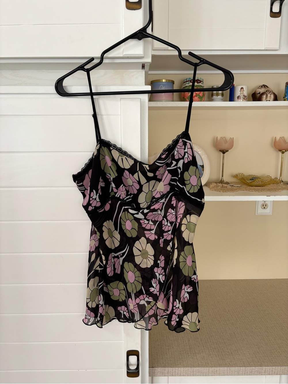 Black floral cami top with lace trim